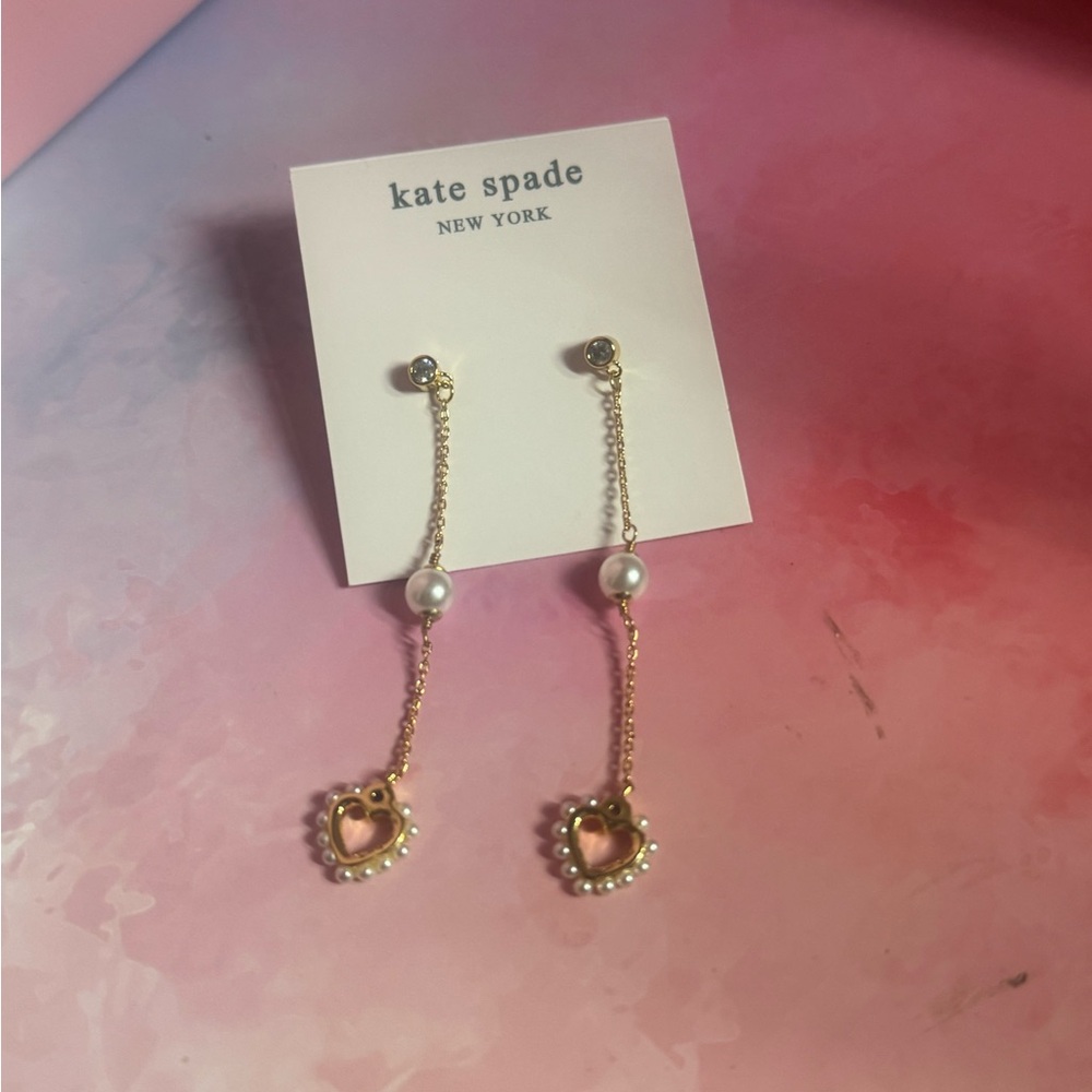 kate spade gold heart drop earrings with pearl accents